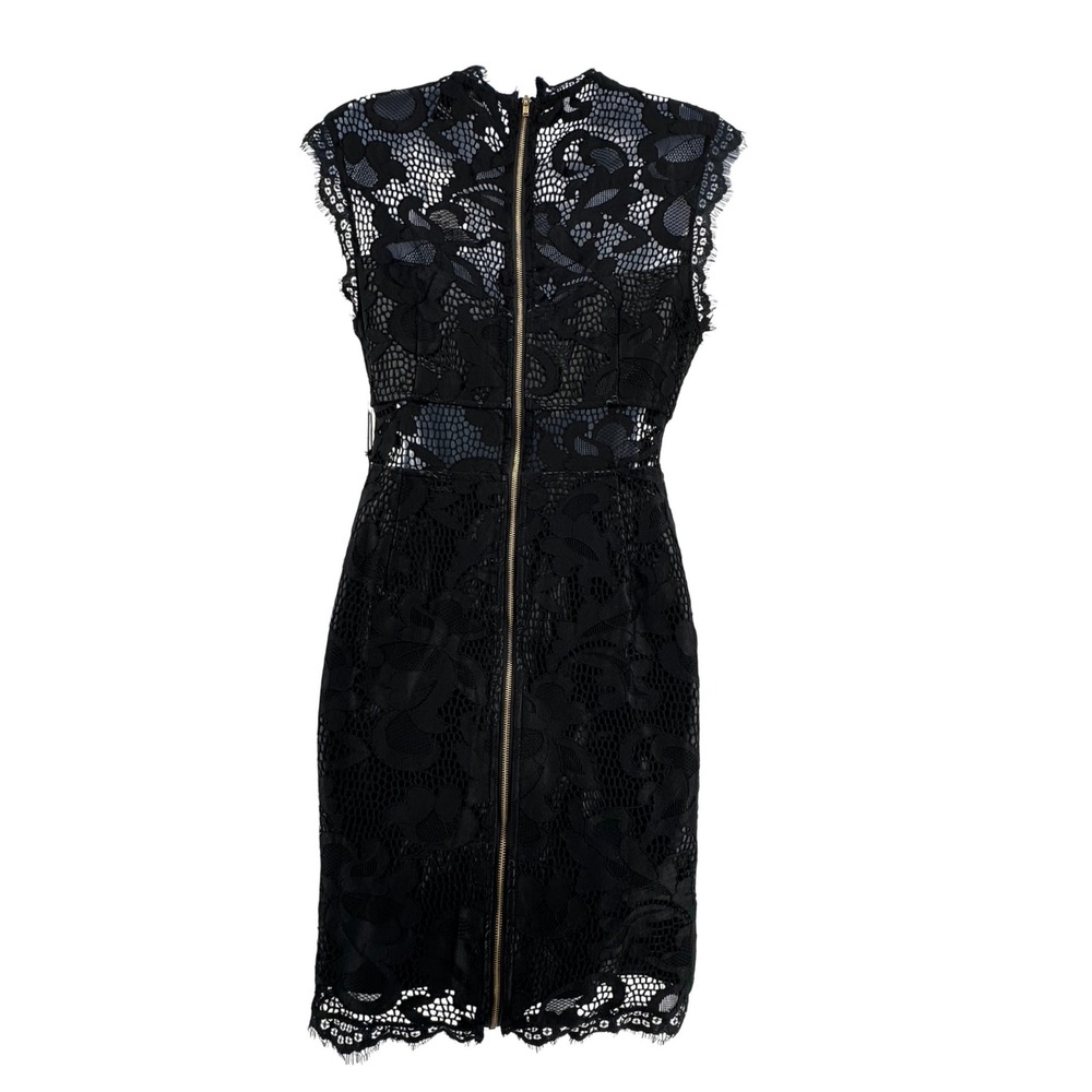 XXI Forever 21 Lace Sheath Dress Size M Black High Neck Full Zip Gothic Sheer - Picture 2 of 9